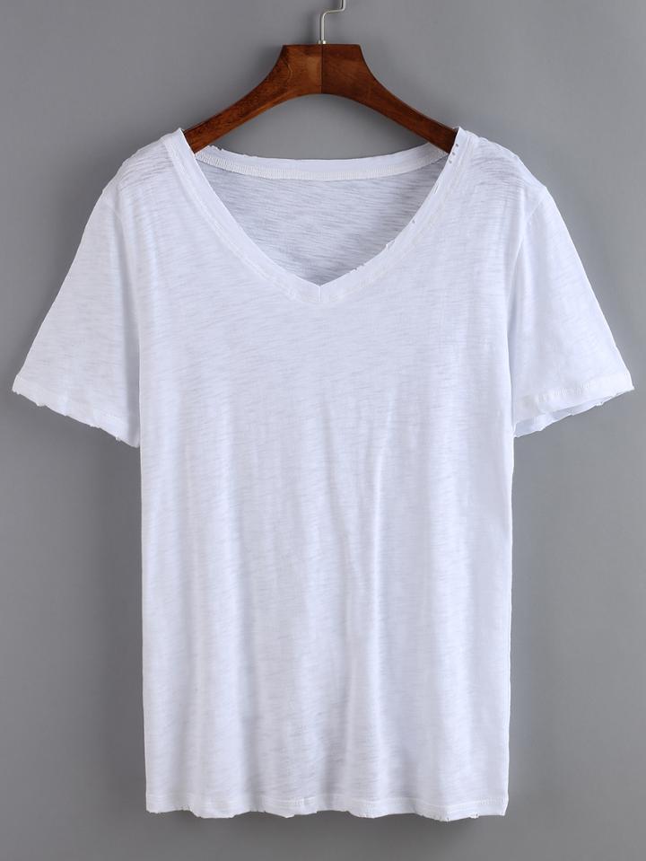 Romwe V Neck White T-shirt