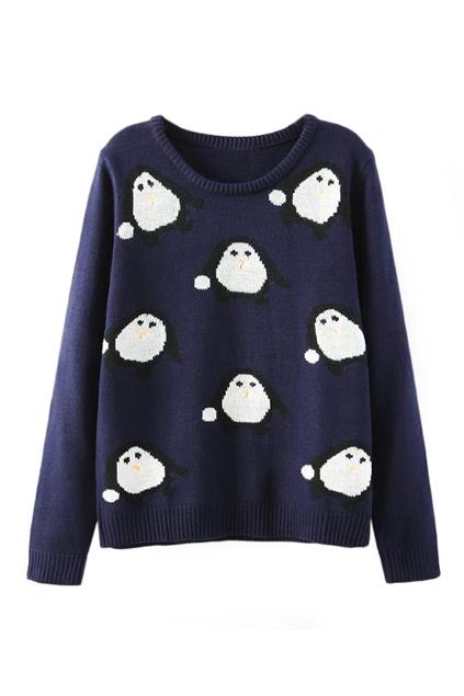 Romwe Penguin Knitted Blue Jumper