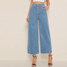 Romwe Button Fly Wide Leg Denim Jeans