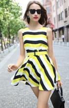Romwe With Belt Striped Flare Yellow Dress