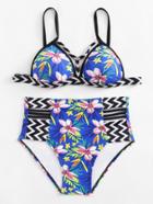 Romwe Zigzag Flower Print Bikini Set