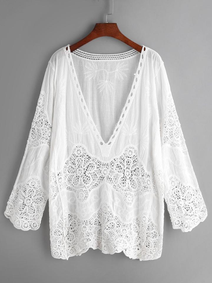 Romwe White V Neck Embroidered Eyelet Crochet Lace Blouse