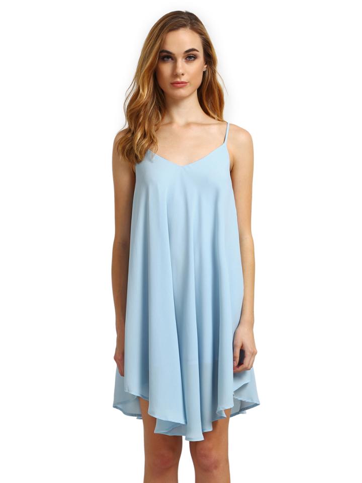 Romwe Light Blue Spaghetti Strap Asymmetrical Shift Dress Sundresses