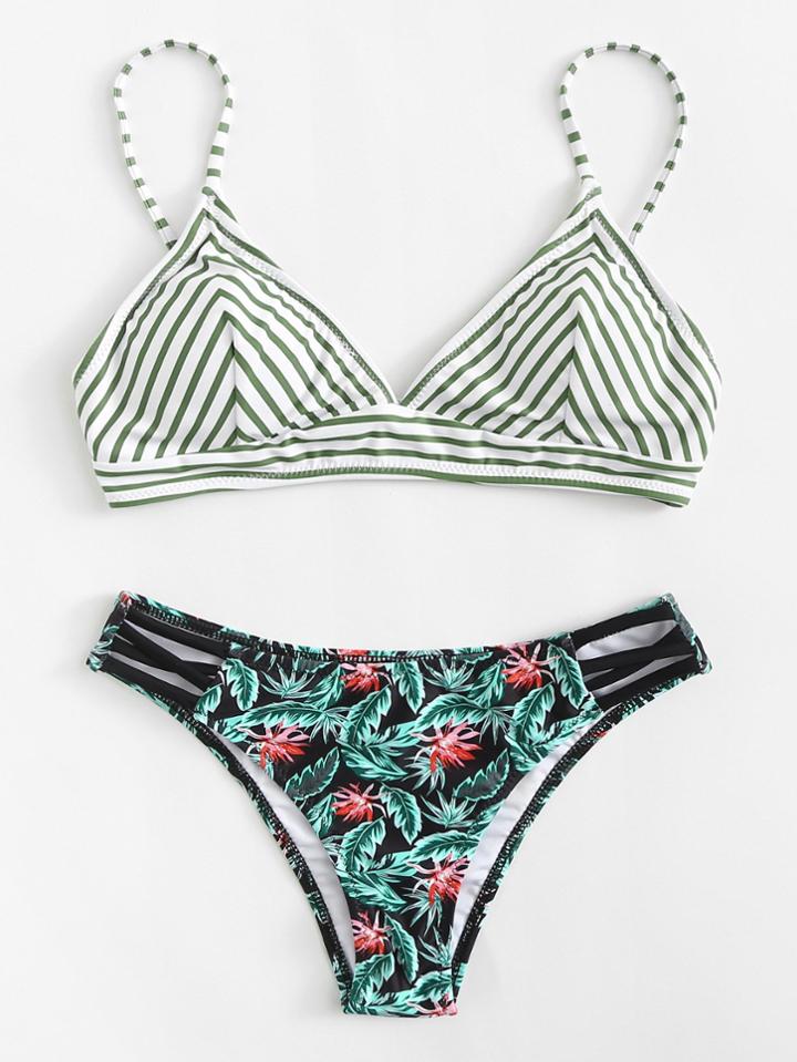 Romwe Tropical Print Chevron Bikini Set