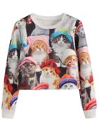 Romwe Cat Print Crop Sweatshirt