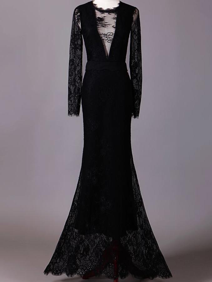 Romwe Black Round Neck Long Sleeve Maxi Lace Dress
