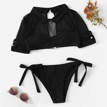 Romwe Contrast Mesh Top With Tie Side Two Piece Swimwear