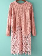 Romwe Contrast Lace Hollow Cable Knit Pink Sweater