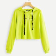 Romwe Letter Print Neon Lime Crop Drawstring Hoodie