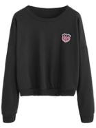 Romwe Black Embroidered Badge Patch Crop Sweatshirt