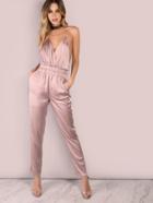 Romwe Low Back Cross Back Satin Jumpsuit Dusty Pink