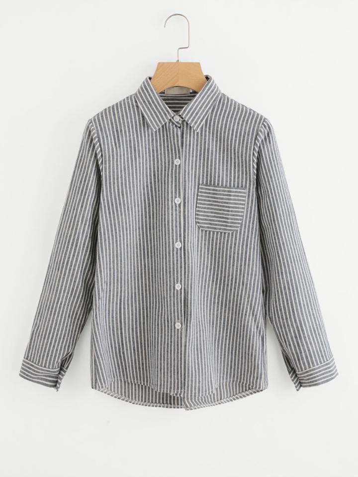 Romwe Striped Single Breasted Pocket Shirt