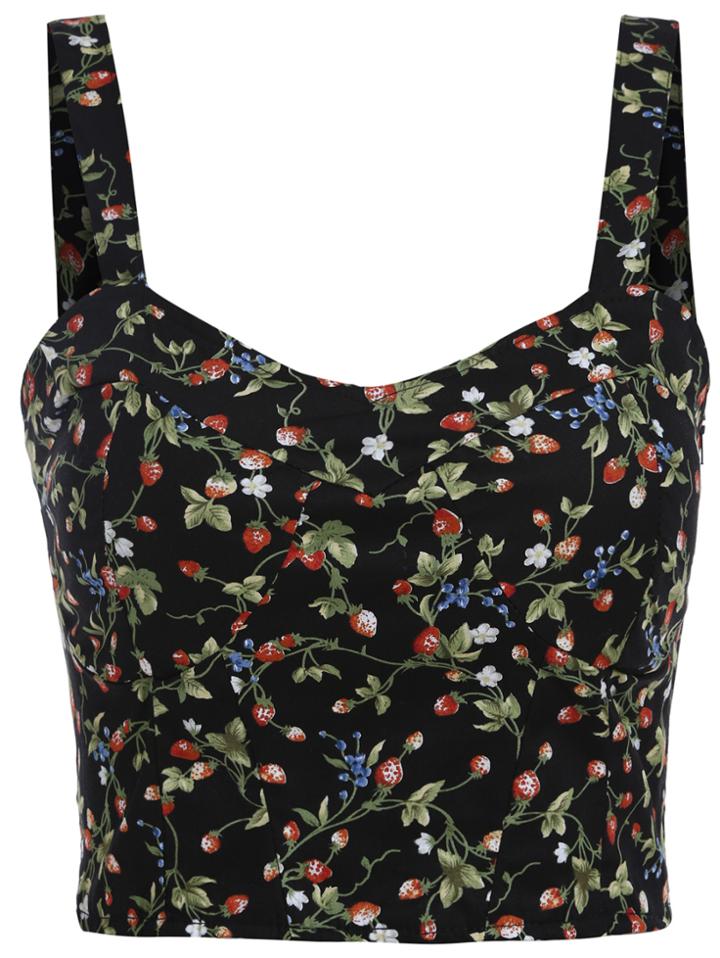 Romwe Spaghetti Strap Flower Print Black Cami Top