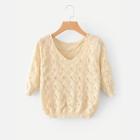 Romwe Solid Cropped Eyelet Sweater