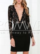 Romwe Black Long Sleeve Crochet Lace Bodycon Dress