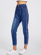 Romwe Contrast Side Striped Rolled Frayed Hem Jeans