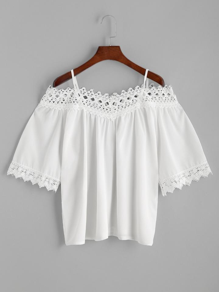 Romwe Cold Shoulder Hollow Out Lace Hem Blouse