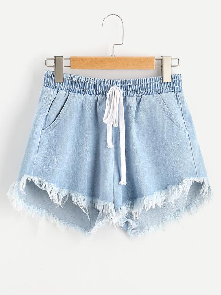 Romwe Smocked Waist Frayed Stepped Hem Denim Shorts