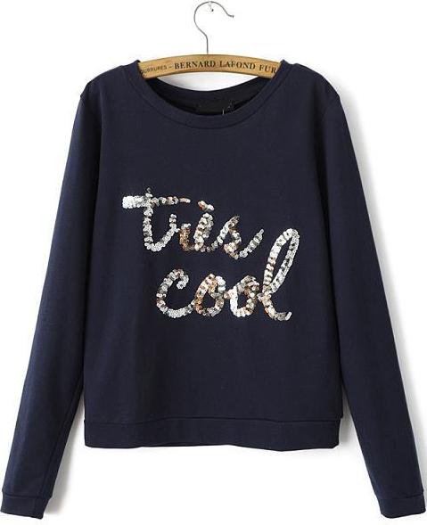 Romwe Sequined Letters Kint Crop Sweater
