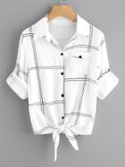 Romwe Rolled Sleeve Checked Knot Front Shirt
