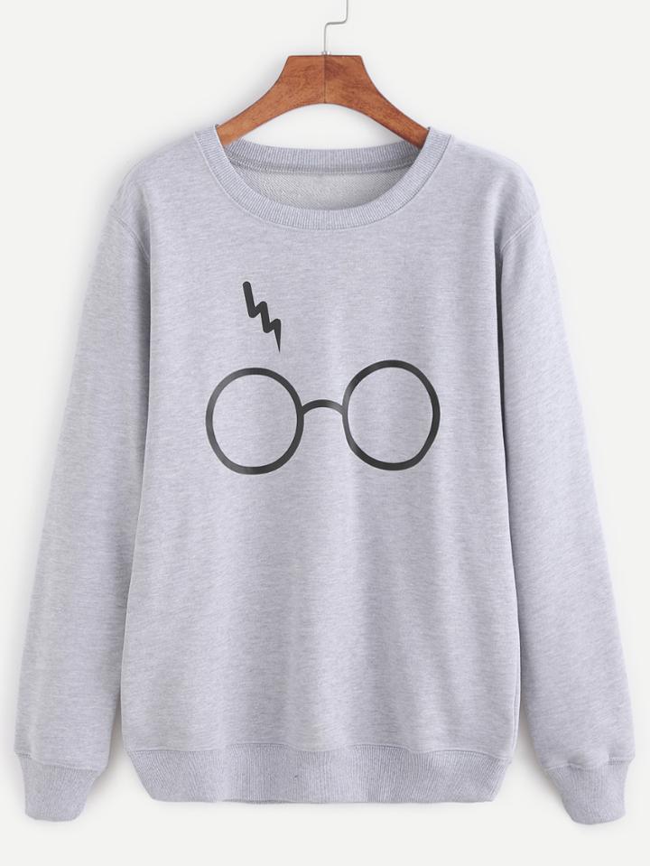 Romwe Pale Grey Glasses Print Sweatshirt