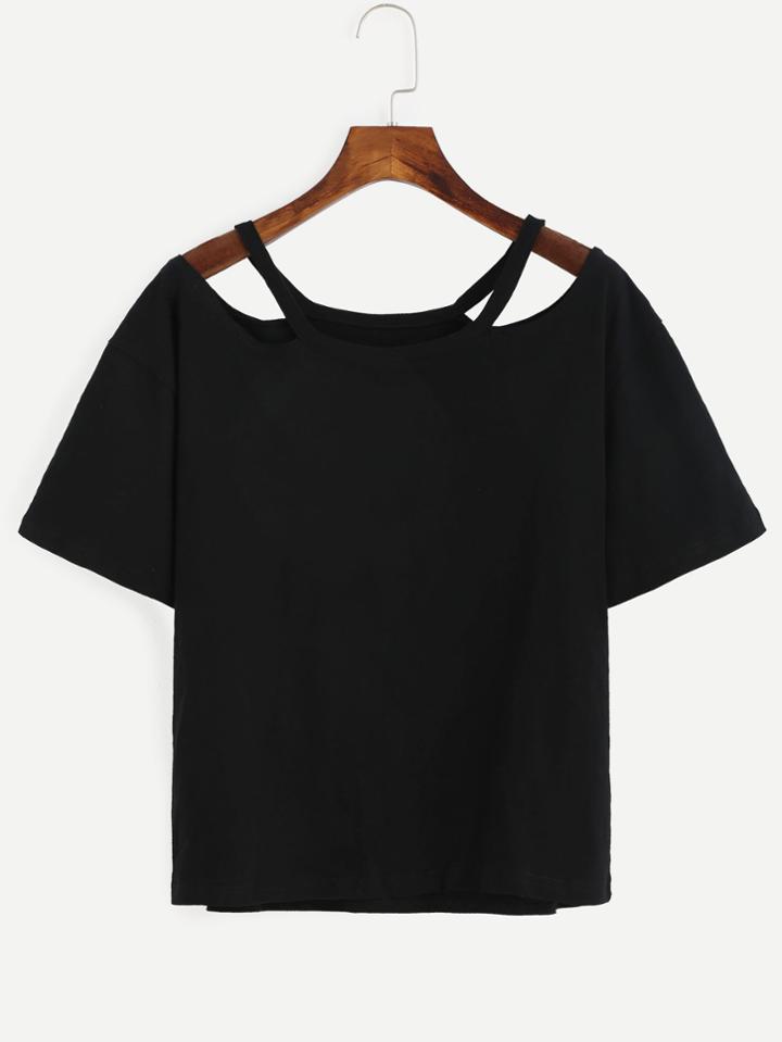 Romwe Black Cutout Neck T-shirt