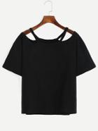 Romwe Black Cutout Neck T-shirt