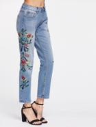 Romwe High Waist Embroidery Full Length Jeans