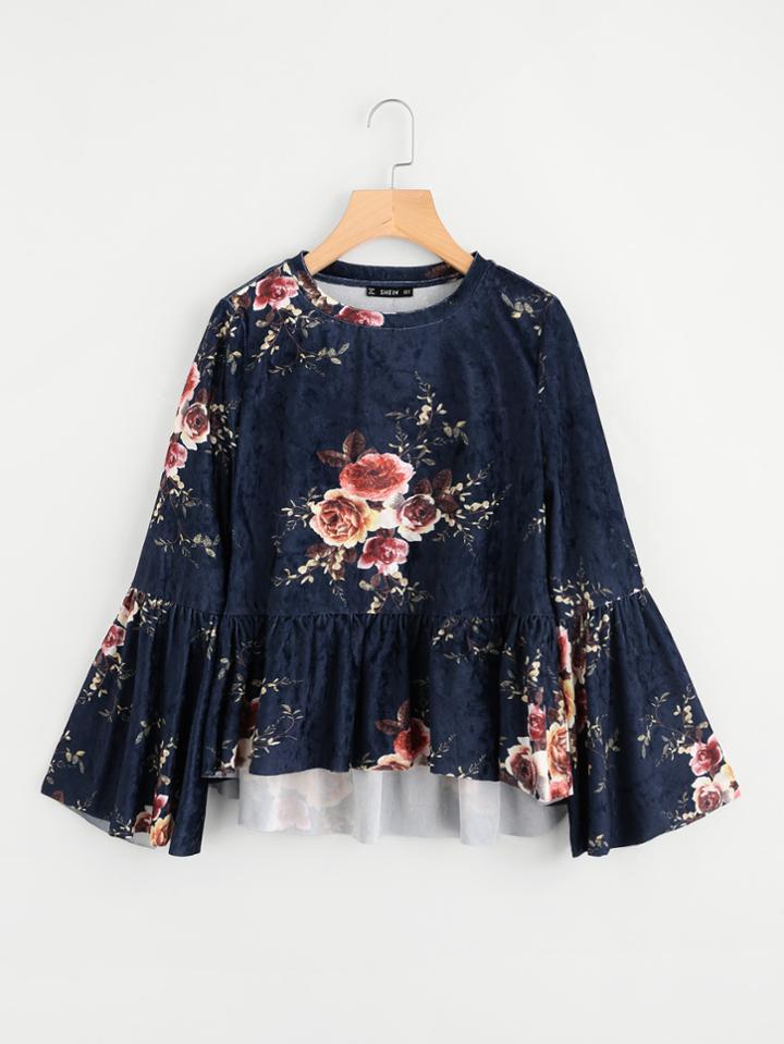 Romwe Bell Sleeve Floral Velvet Dip Hem Smock Top