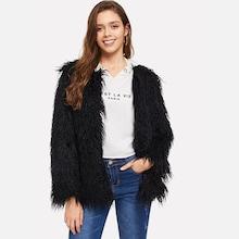 Romwe Open Front Solid Faux Fur Coat