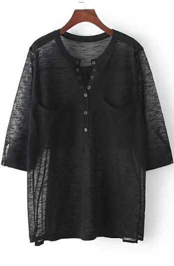 Romwe With Pockets Dip Hem Black Sweater