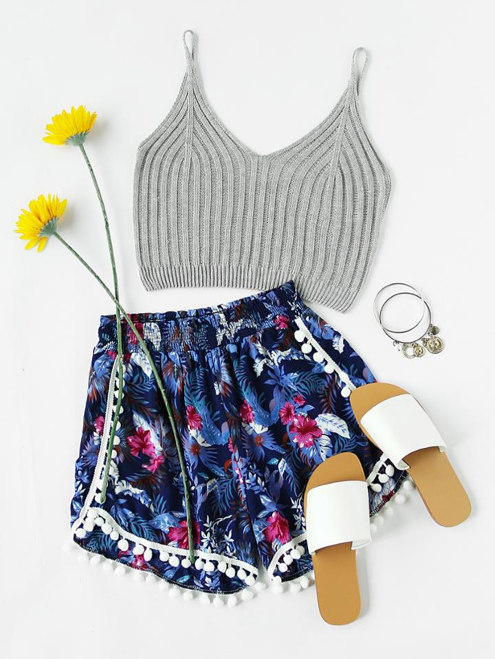 Romwe Floral Print Pom Pom Trim Shirred Shorts