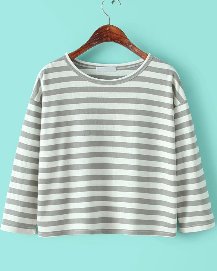 Romwe Round Neck Striped Loose Grey And White T-shirt