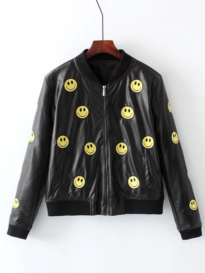 Romwe Emoji Print Zipper Up Pu Jacket