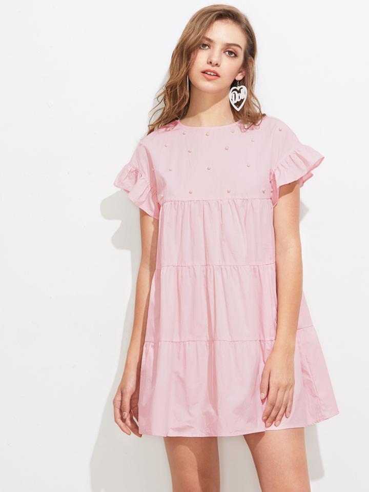 Romwe Pearl Embellished Ruffle Sleeve Tiered Dress