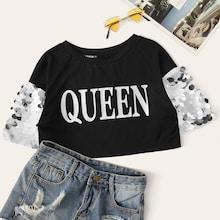 Romwe Contrast Sequin Letter Print Crop Tee