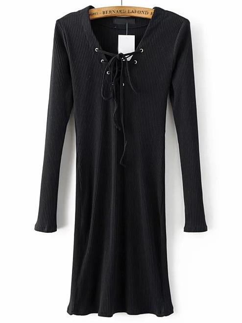 Romwe Black Lace Up V Neck Ribbed Dress