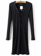 Romwe Black Lace Up V Neck Ribbed Dress