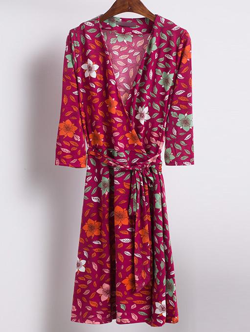 Romwe Red V Neck Printed Wrap Dress With Belt