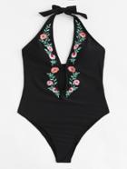 Romwe Embroidered Flower Swimsuit