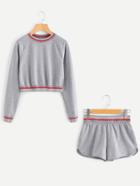 Romwe Striped Trim Pullover & Shorts Loungewear Set