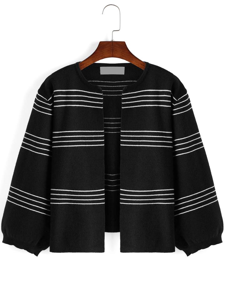 Romwe Women Striped Loose Black Coat