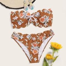 Romwe Random Floral Scalloped Trim Lace-up Bandeau Bikini