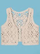 Romwe Crochet Lace Crop Open Apricot Vest