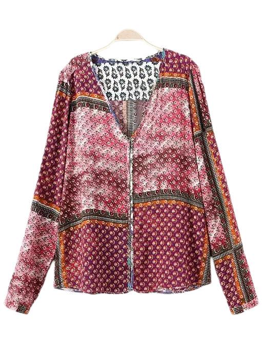 Romwe Multicolor Long Sleeve Buttons Front Print Blouse