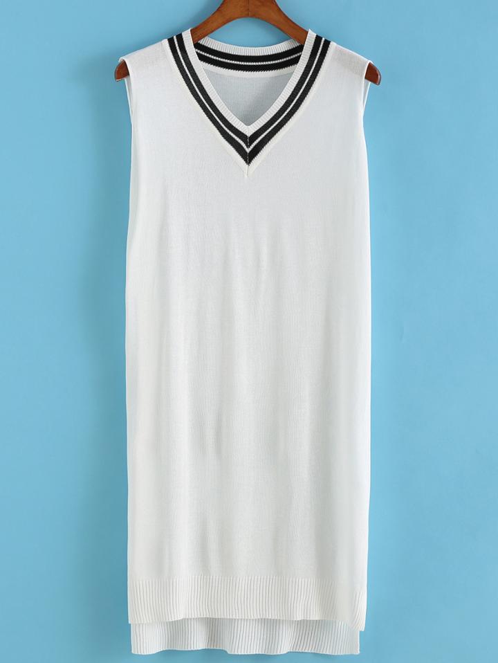 Romwe V Neck High Low White Dress