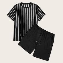Romwe Guys Striped Tee & Drawstring Waist Shorts Set