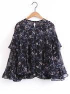 Romwe Bell Sleeve Frill Trim Floral Chiffon Top