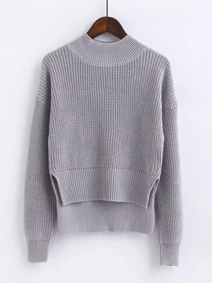 Romwe Mock Neck High Low Knitwear