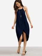 Romwe Navy Halter Neck Slit Front Asymmetric Dress